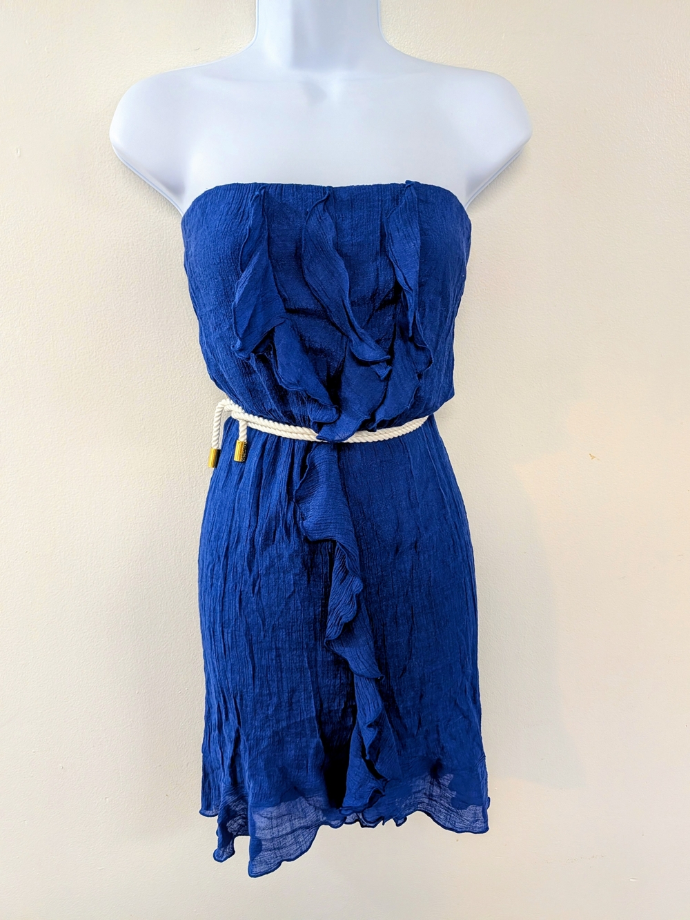 A. Byer Strapless Ruffle Dress in Deep Blue with Rope Belt